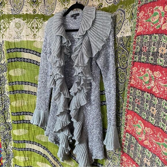 Y2K Sioni Gray Knit Fairycore Ruffle Cardigan Size Small - Picture 6 of 13